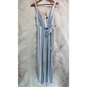Lulus Jumpsuit Womens Small White Blue Striped Tank Wide Leg Crop Tie Faux Wrap